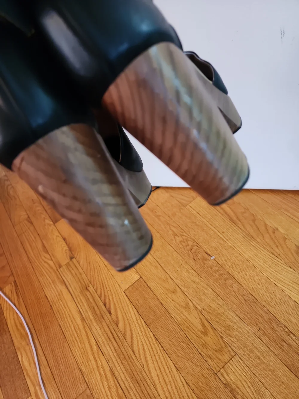 Free People Black Cedar Leather Cutout Platform Pumps with Brown Wood Heel